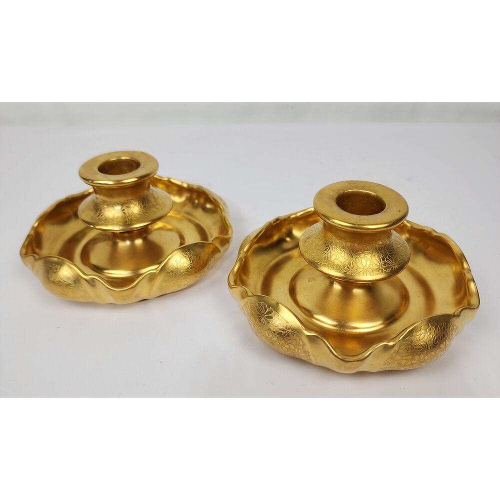 Pickard China 1930's Rose & Daisy Gold Guilded Encrusted Fluted Candle Holders39